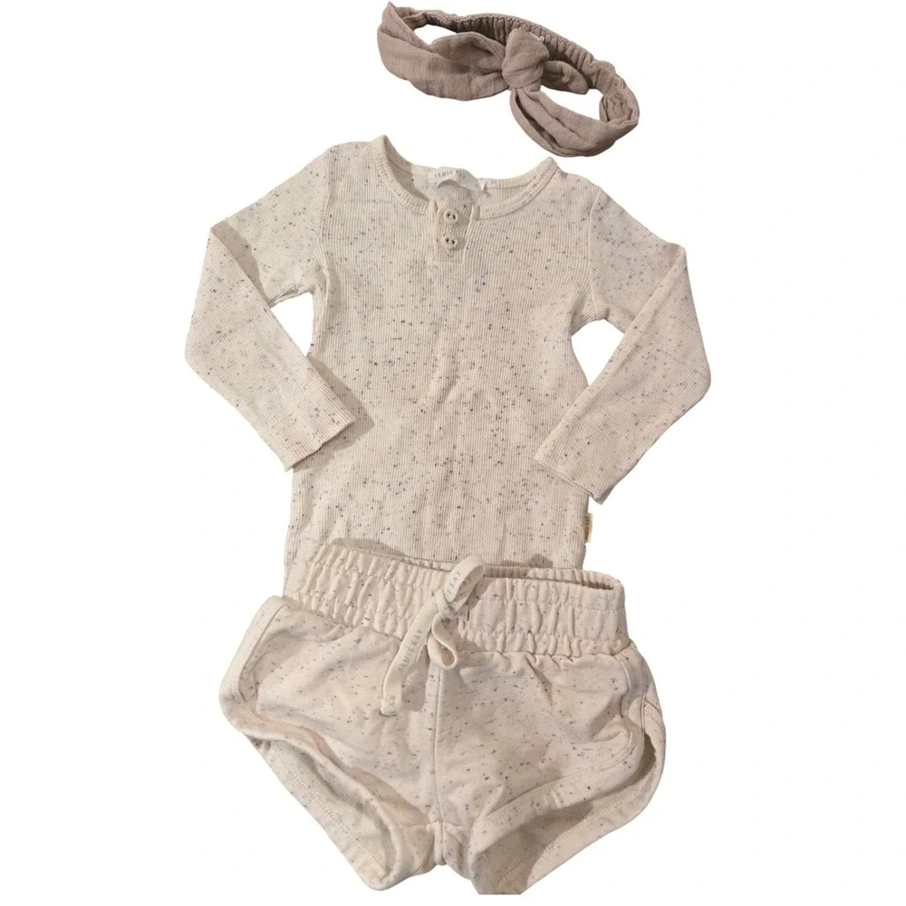 Jamie Kay Kids 1Y Organic Cotton Ribbed Bodysuit Shorts Headband Set Speckled
